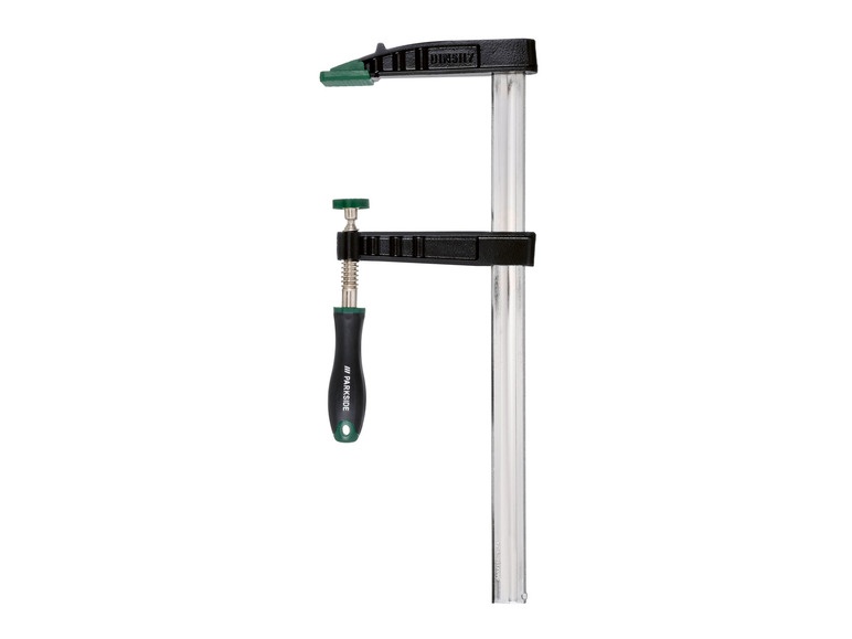 Čierna skrutkovacia svorka Parkside s kovovou tyčou.