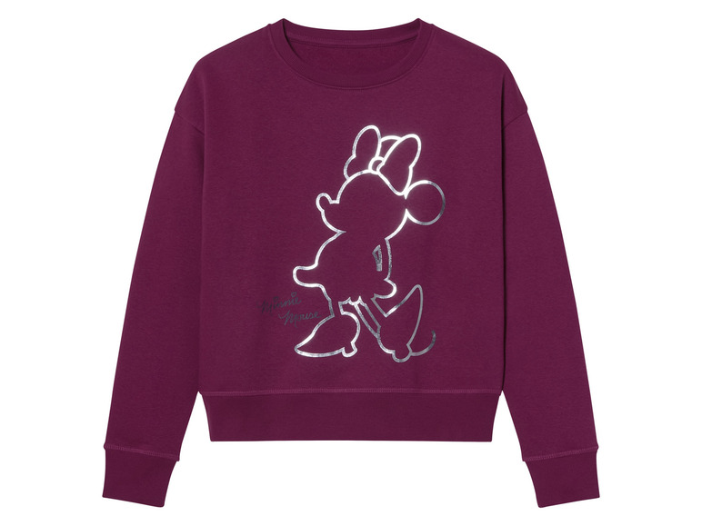 Fialový sveter s dlhým rukávom s potlačou Minnie Mouse v striebornej farbe.