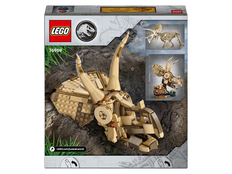 Krabička LEGO Jurassic World s tehlovou lebkou Triceratopsa a kostrou dinosaura.