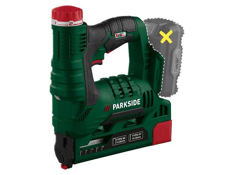 Akumulátorová elektrická sponkovačka PARKSIDE X 20V TEAM v zelenej a čiernej farbe, so sivou batériou.