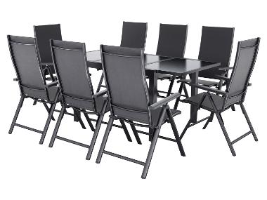 LIVARNO® Hliníkový rozťahovací záhradný stôl Houston/Toronto, 120 – 180 x 89 x 75 cm + Záhradné hliníkové kreslo Houston, 8 kusov