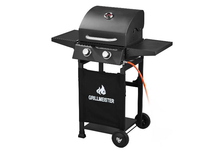 Plynový gril Grillmeister: dva horáky, vozík, obal.
