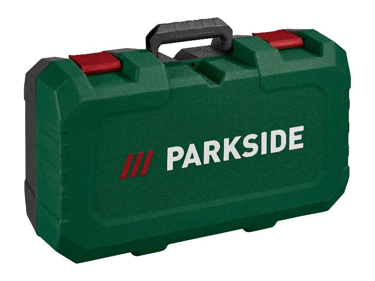 Zelený kufrík na náradie Parkside s červenými zámkami a čiernou rukoväťou.