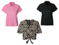 Tri dámske košele s krátkym rukávom, ružová, čierna a geometrický vzor.