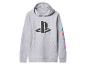 Sivá mikina s kapucňou s logom PlayStation a farebnými symbolmi na rukáve.