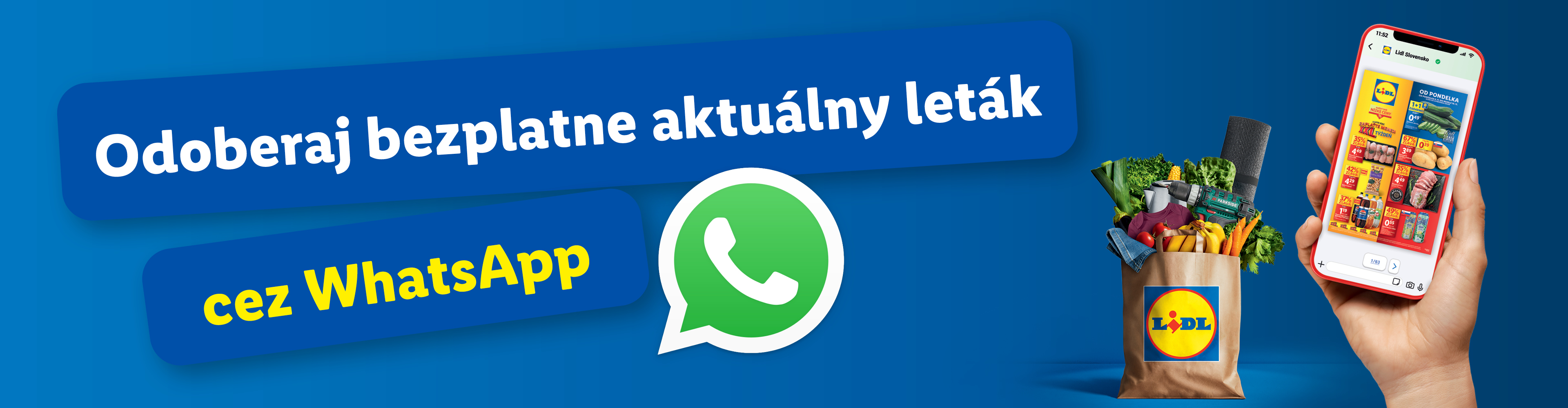 Získajte bezplatný aktuálny leták cez WhatsApp, s nákupnou taškou plnou tovaru a telefónom zobrazujúcim leták.