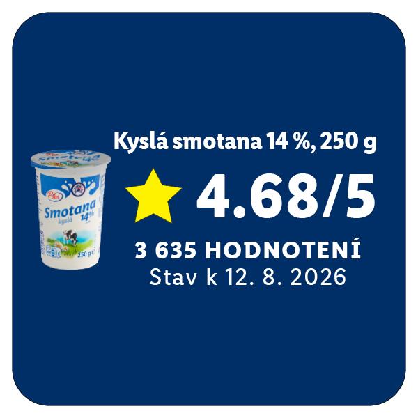 Kyslá smotana 14%, 250 g s hodnotením 4.68/5 z 3 635 recenzií, stav k 12. 8. 2026.