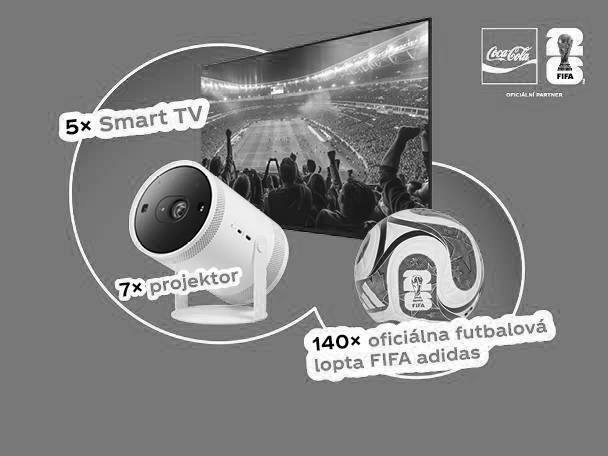 Futbalový zápas na TV a projektore s futbalovou loptou, text: 5x Smart TV, 7x projektor, 140x oficiálna futbalová lopta FIFA.