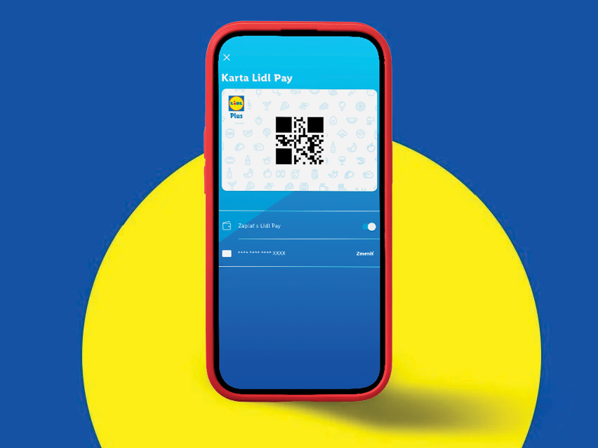 Mobilná aplikácia Lidl Pay s QR kódom a možnosťou platby, zobrazená na modro-žltom pozadí.