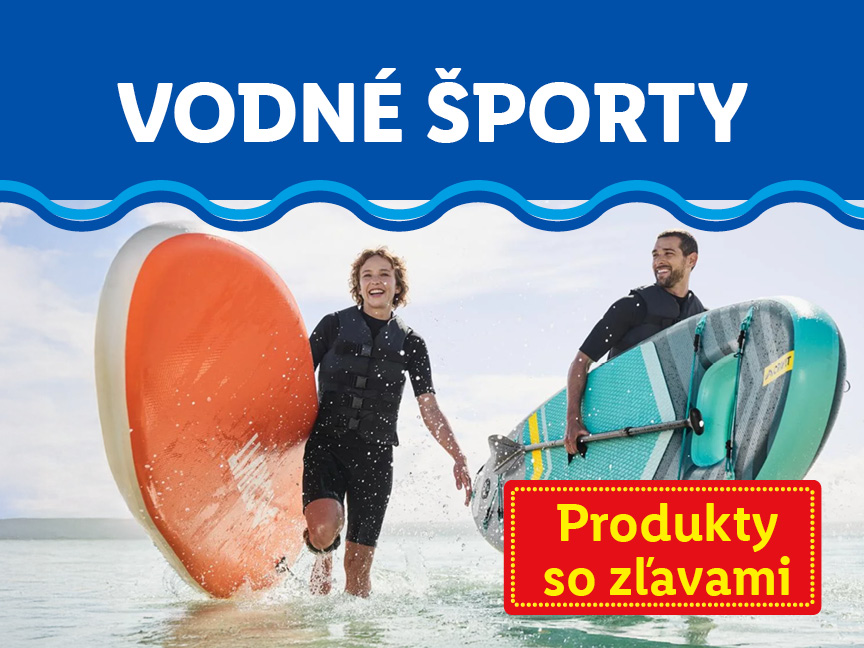 Dvaja ľudia veslujú na paddleboardoch, produkty so zľavami.