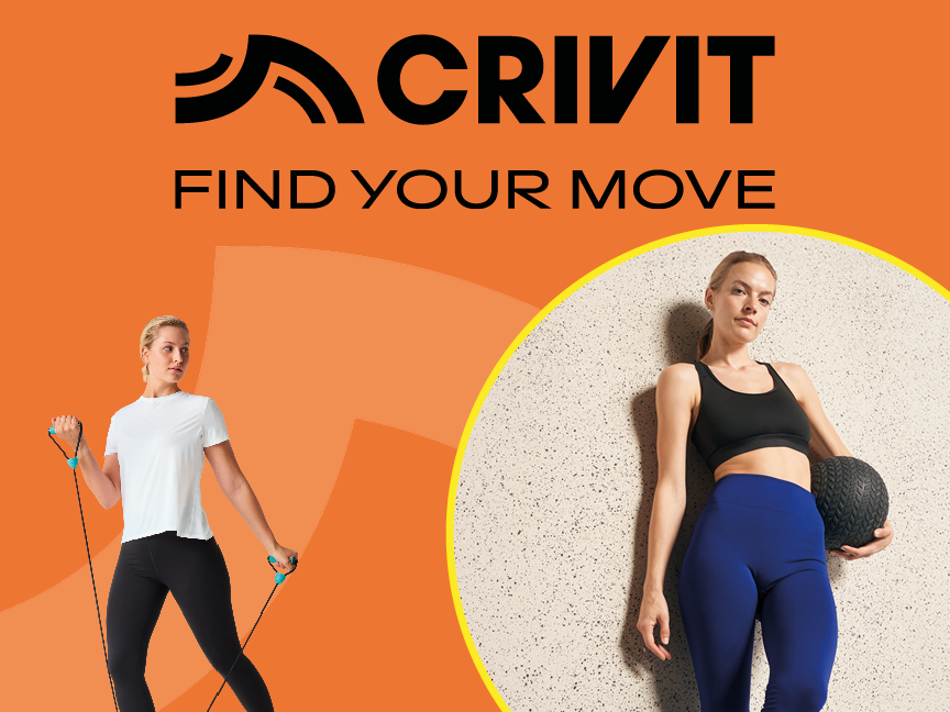 Žena cvičí s odporovou gumou a žena drží medicinbal, s logom Crivit a textom „Find Your Move“.