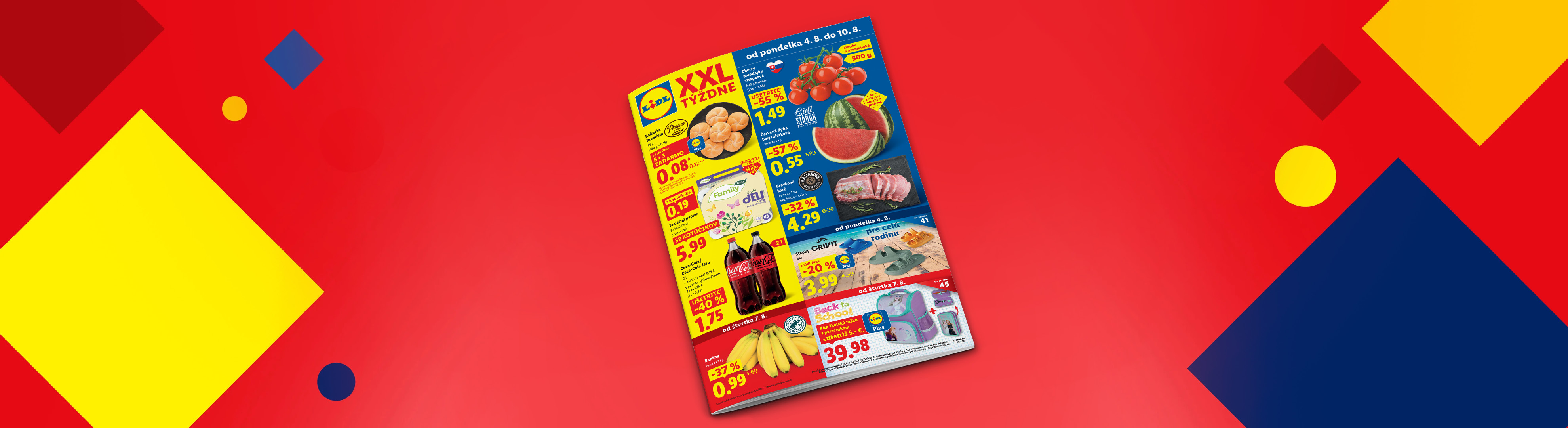 Leták Lidla s ponukou potravín a školských potrieb, vrátane Coca-Coly, banánov a paradajok.