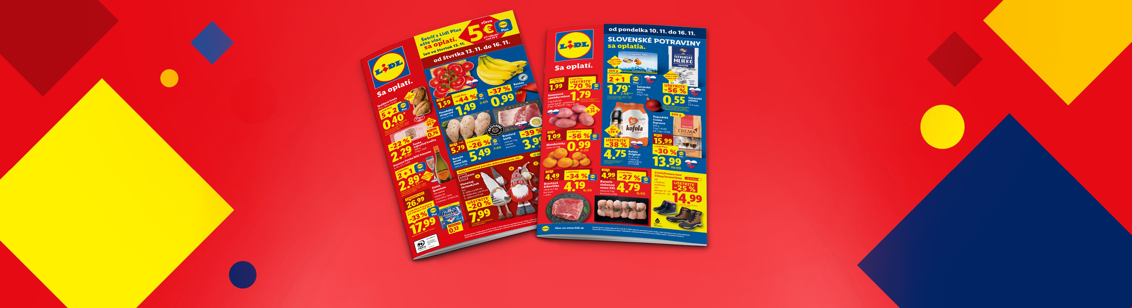 Lidl letáky s ponukou potravín, ovocia, zeleniny a domácich potrieb.