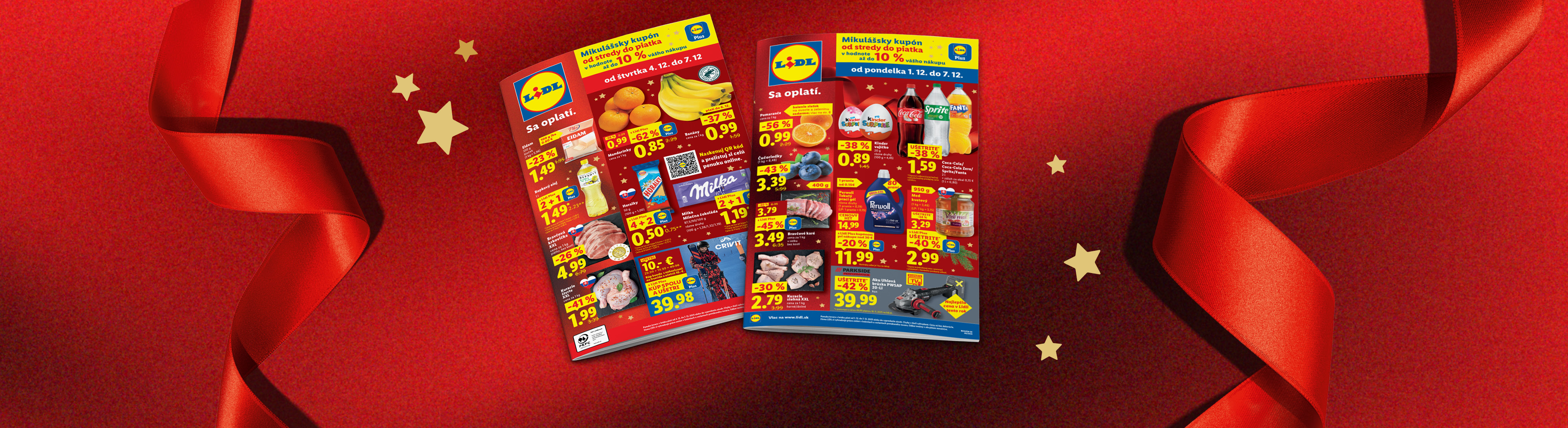 Lidl leták s ponukou potravín ako banány, mandarínky, Milka čokoláda, Coca-Cola a Perwoll.
