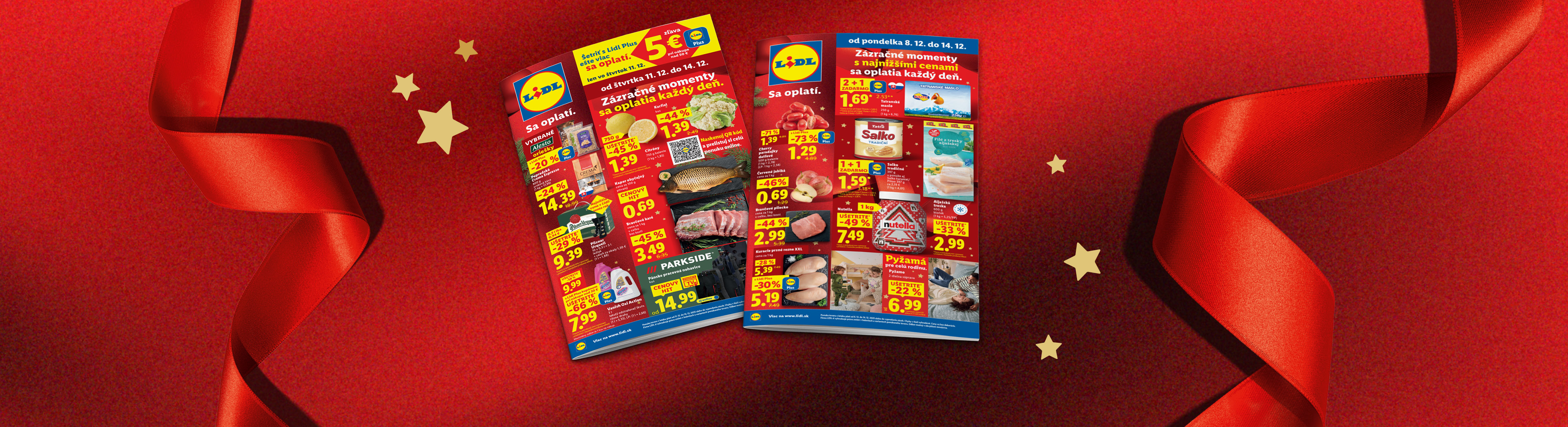 Lidl letáky s vianočnými ponukami na potraviny ako Nutella, mäso, ryby a ovocie, na červenom pozadí s hviezdami a stuhou.