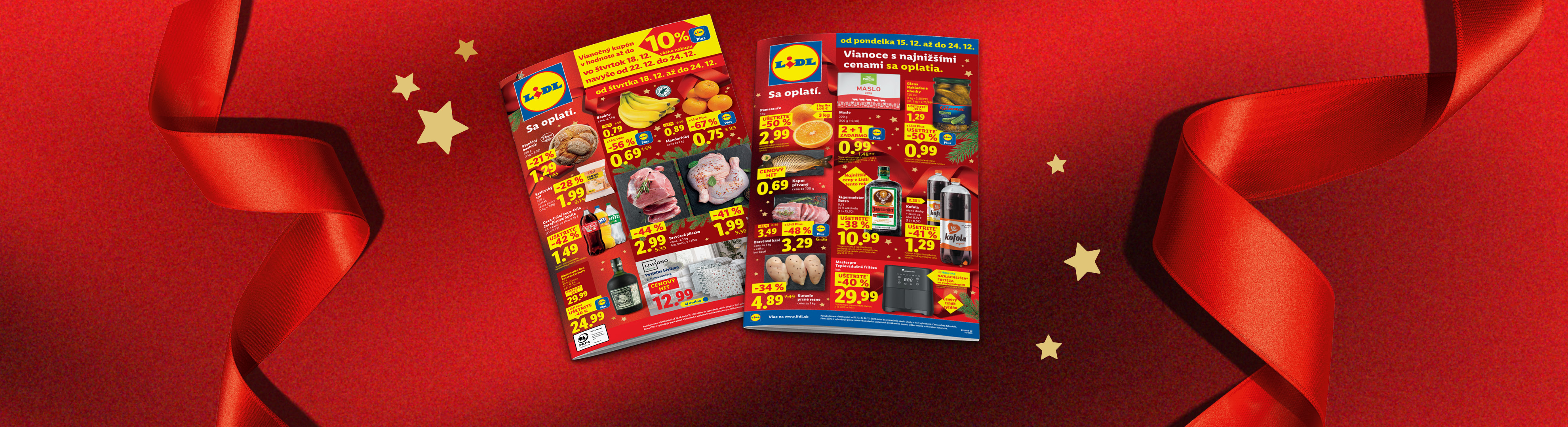Lidl vianočný leták s ponukami na mäso, ovocie, nápoje a maslo na červenom pozadí s mašľou a hviezdami.