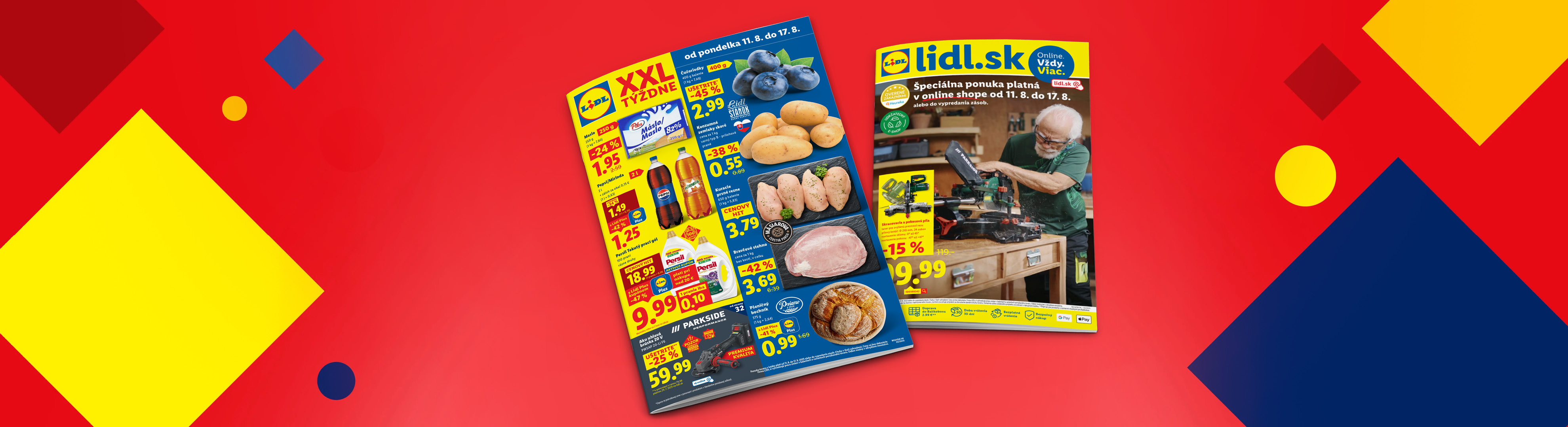 Lidl leták s ponukou potravín ako čučoriedky, zemiaky, mäso a nápoje, a tiež náradie Parkside.
