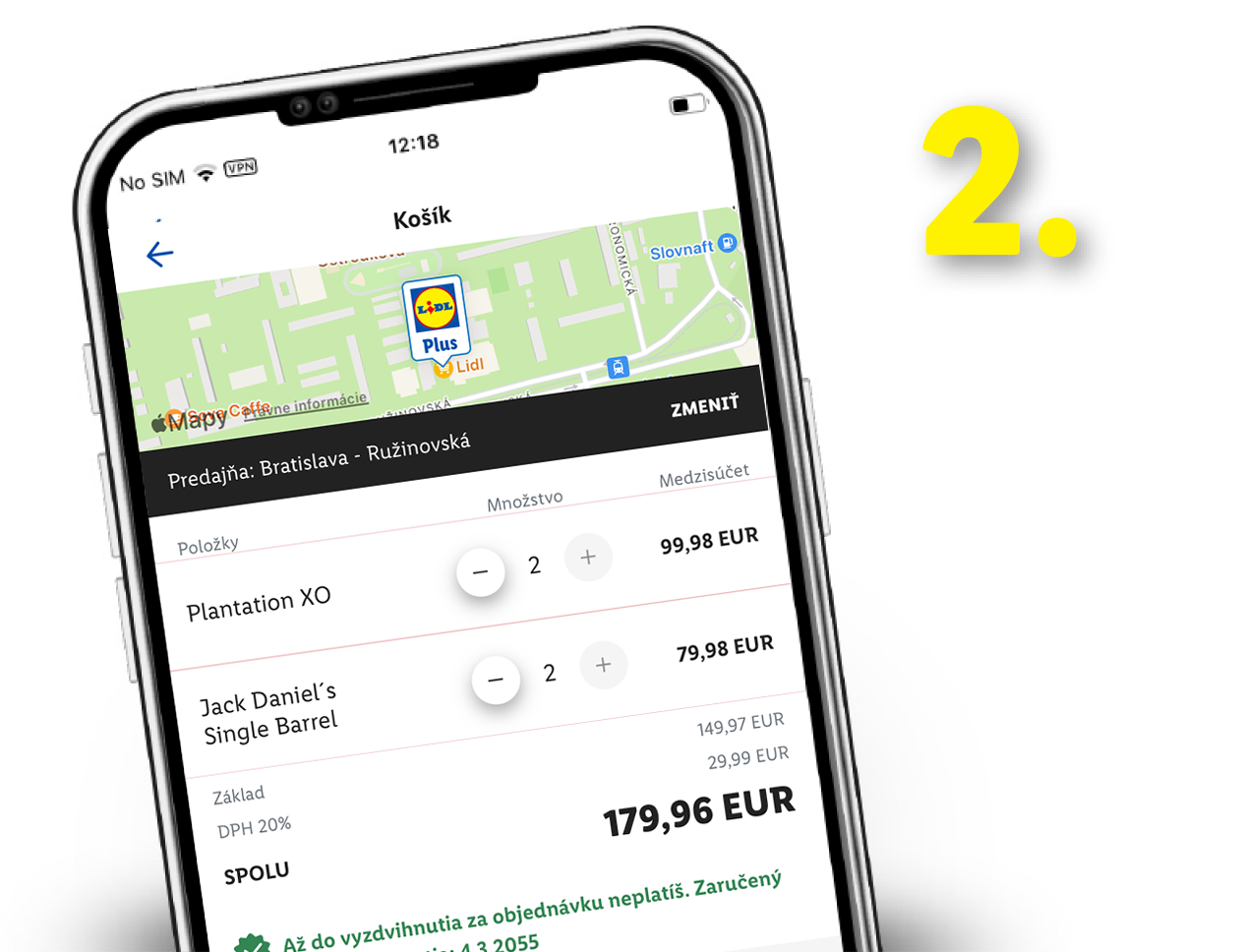 Objednávka: Plantation XO, Jack Daniel's, spolu 179,96 €.