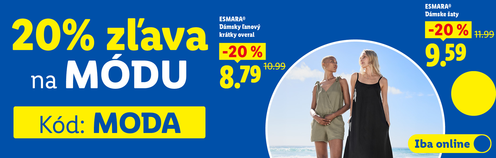 Akcia -20% na celú módu s kódom MODA. Dámsky ľanový overal s 20% zľavou za 8,79 € a dámske šaty so zľavou 20% za 9,59 €.