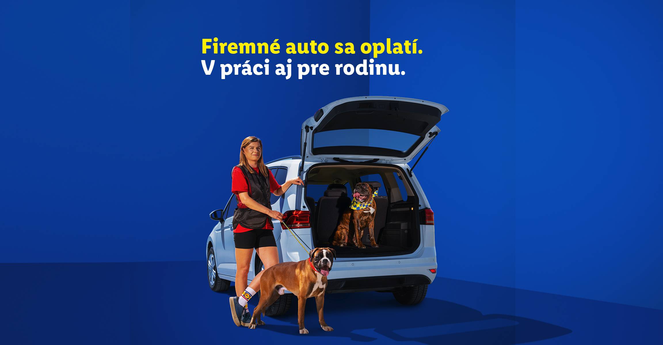 Žena s dvoma psami pri aute s otvoreným kufrom. Text: Firemné auto sa oplatí. V práci aj pre rodinu.