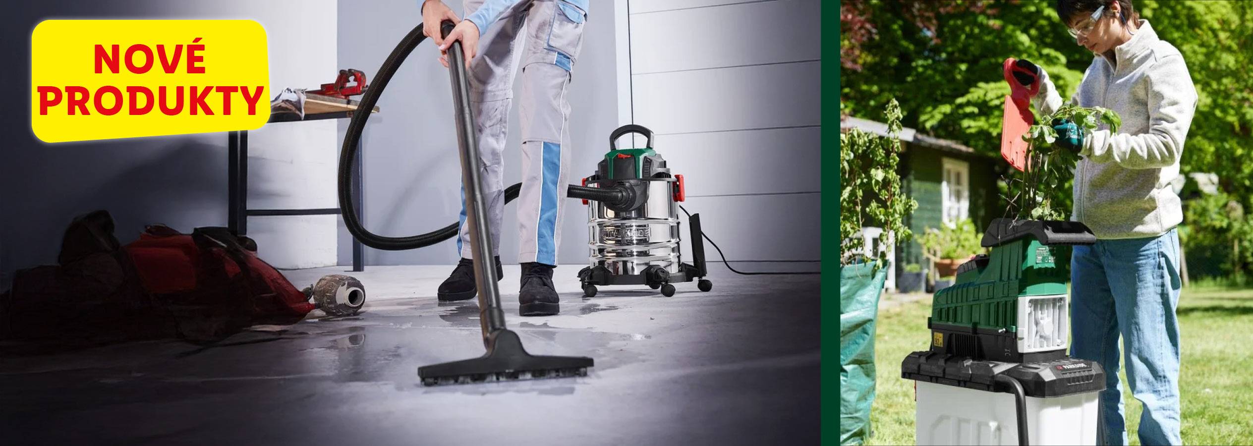 Muž vysáva podlahu, žena používa záhradný drvič. Nové produkty Parkside.