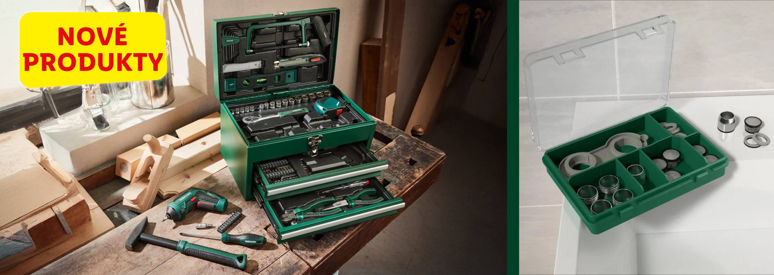 Zelená súprava náradia Parkside a súprava na opravu vodovodných batérií.