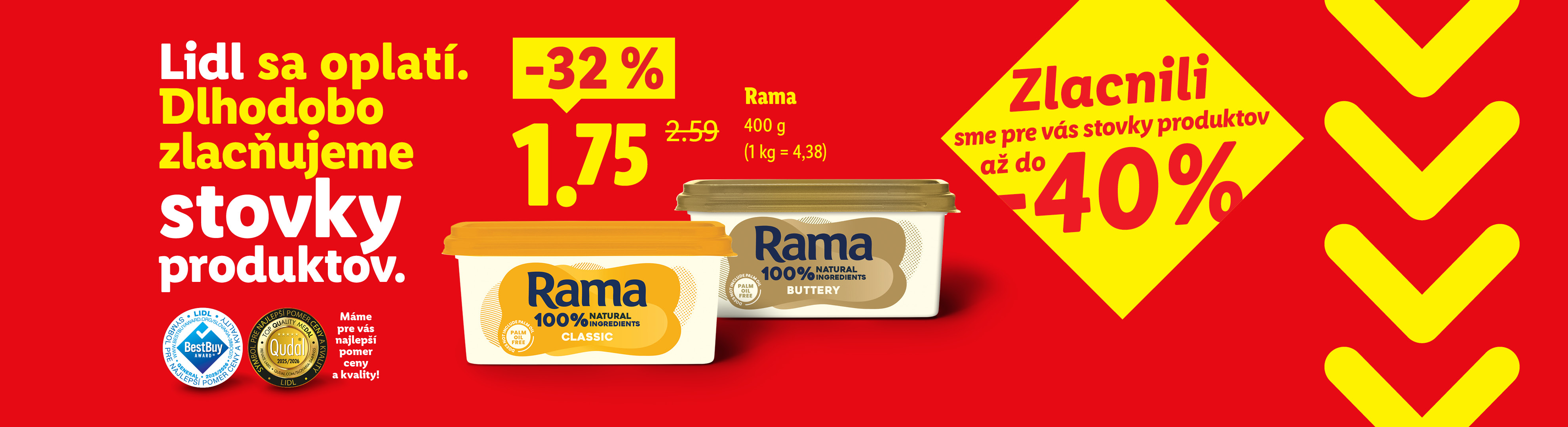 Lidl akcia: Rama maslo so zľavou 32% za 1,75 €, zlacnené stovky produktov až do 40%.