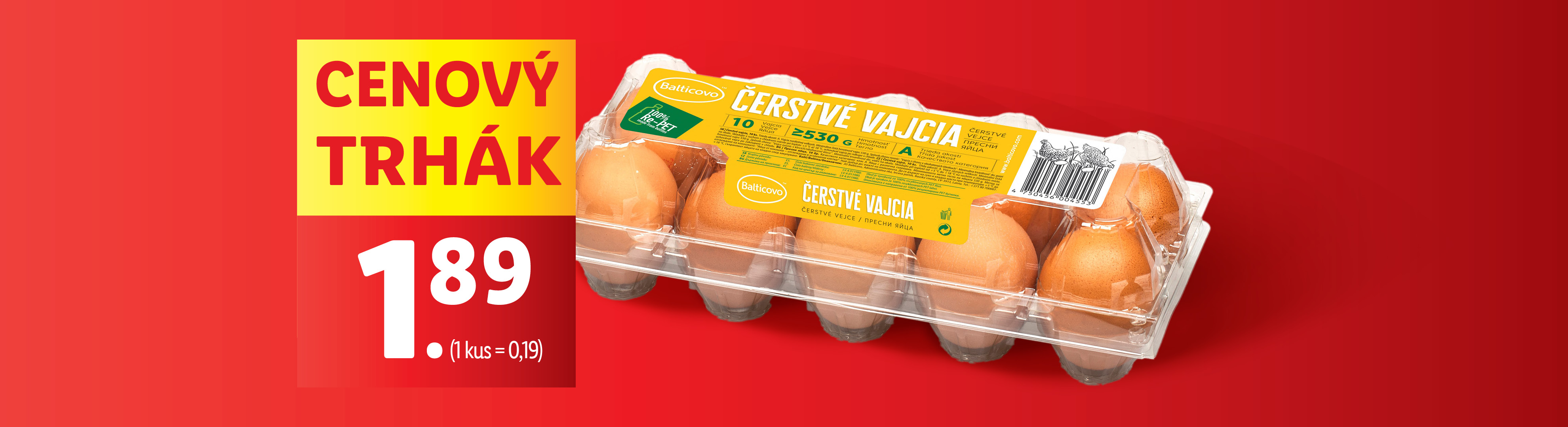 Balticovo čerstvé vajcia v akciovej cene 1,89 € za balenie.