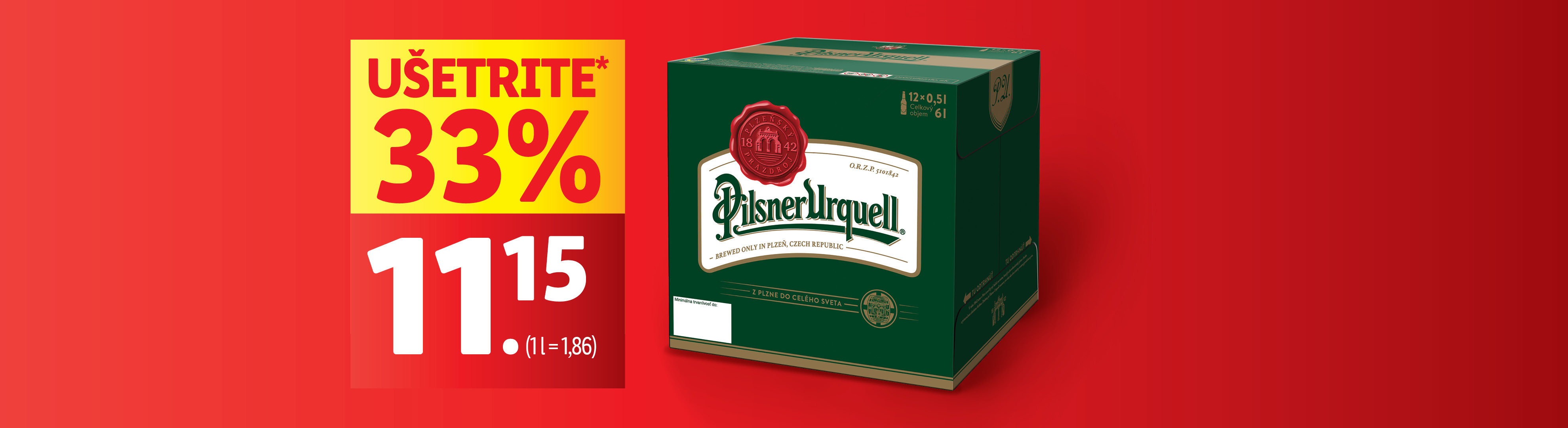 Pilsner Urquell 12-balenie s 33% zľavou za 11,15€.