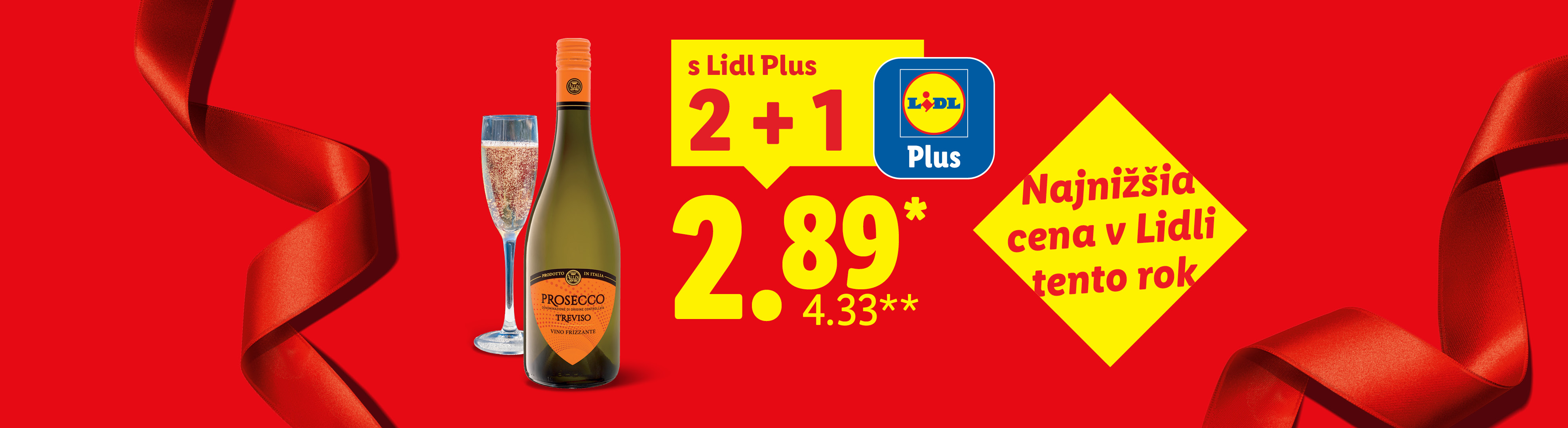 Fľaša Prosecca a pohár s bublinkami, s ponukou Lidl Plus 2+1 za 2,89 €.