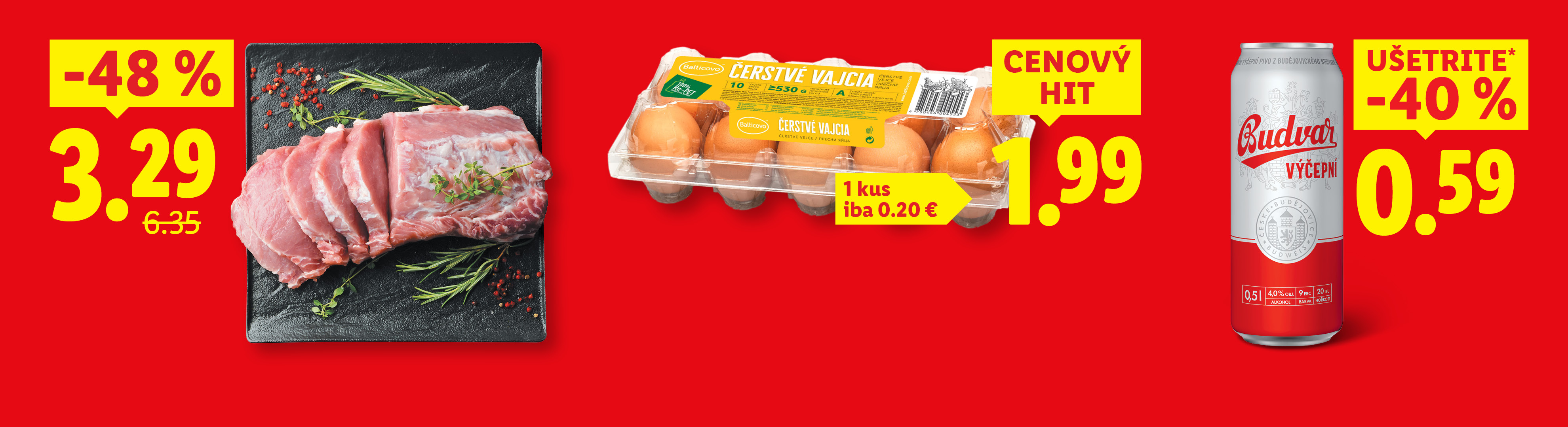 Mäso, vajcia a pivo v akcii s výraznými zľavami.