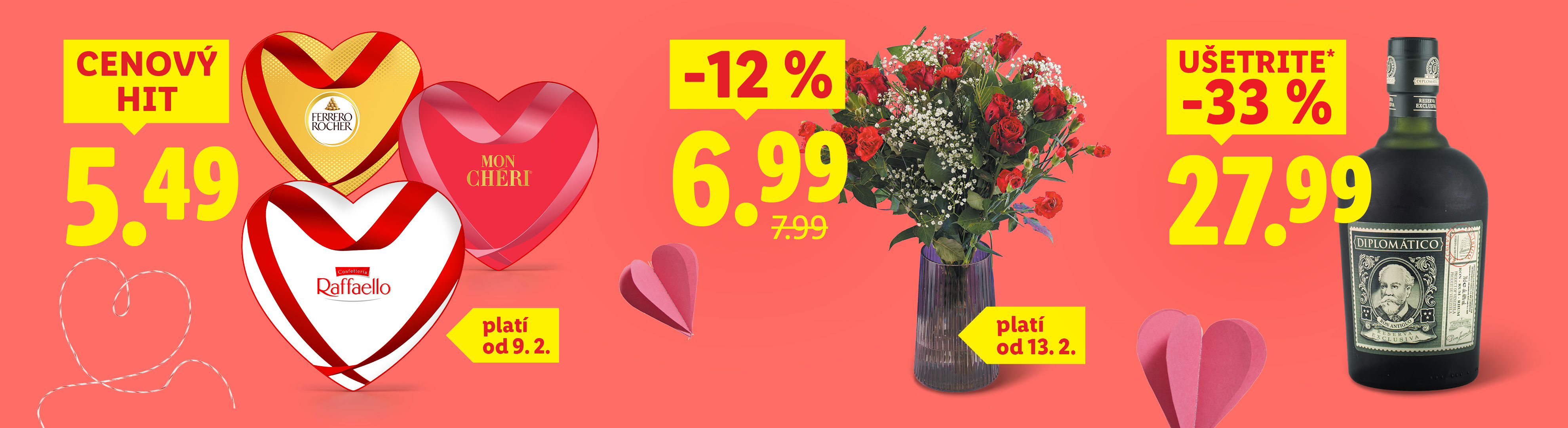Valentínska ponuka s čokoládovými bonbónmi, kyticou ruží a fľašou rumu so zľavami.