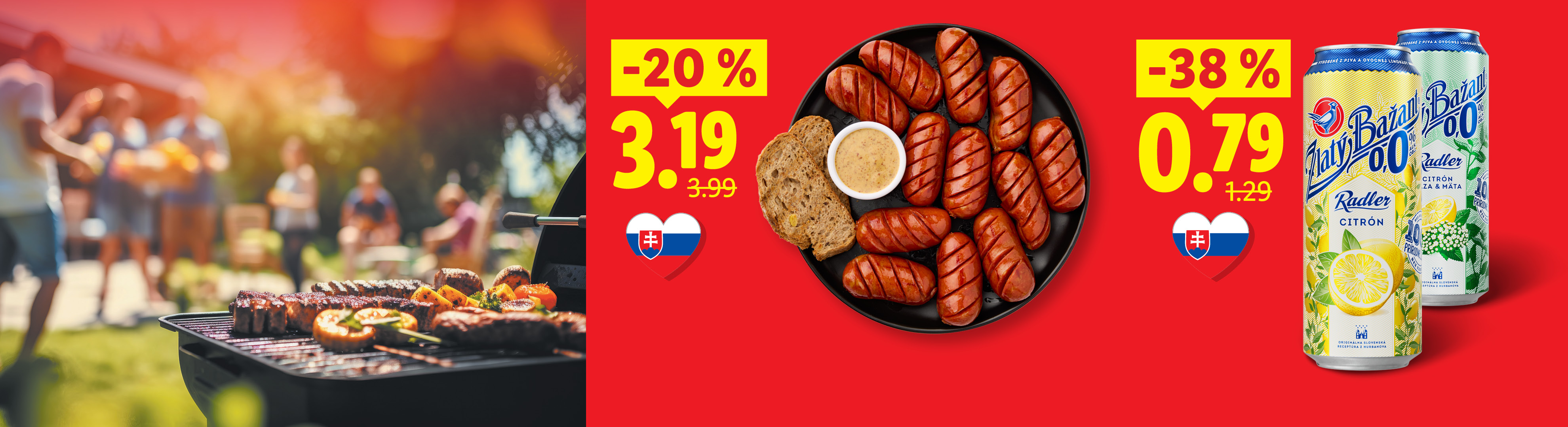 Slovenské Mini špekáčiky -20 % za 3,19, slovenský Zlatý Bažant Radler -38 % za 0,79.