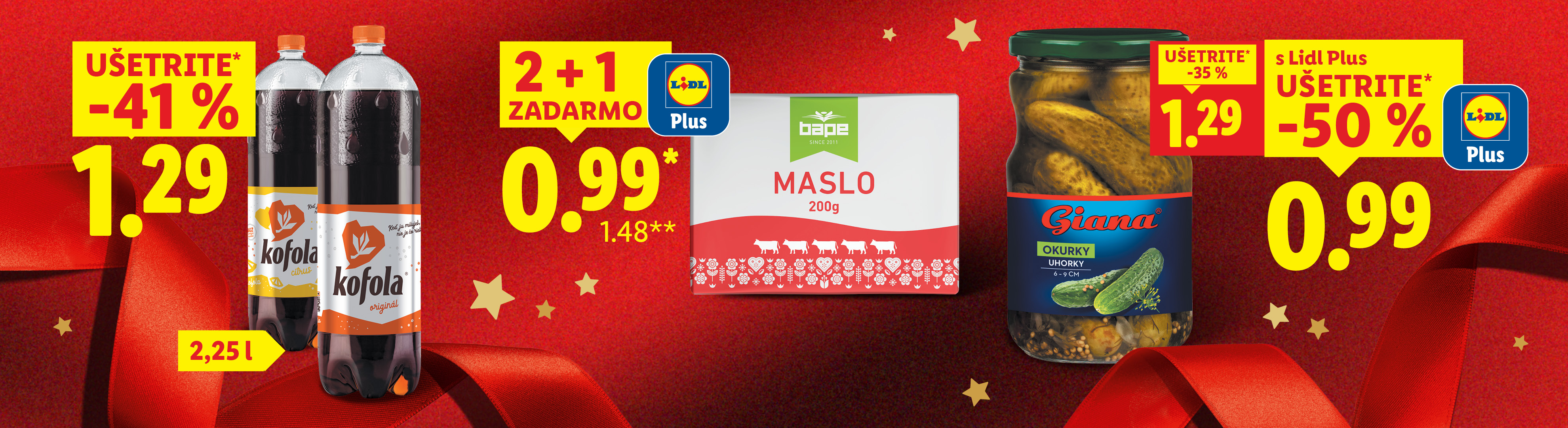 Vianočná ponuka s Kofolou, maslom Bape a uhorkami Giana s výraznými zľavami.