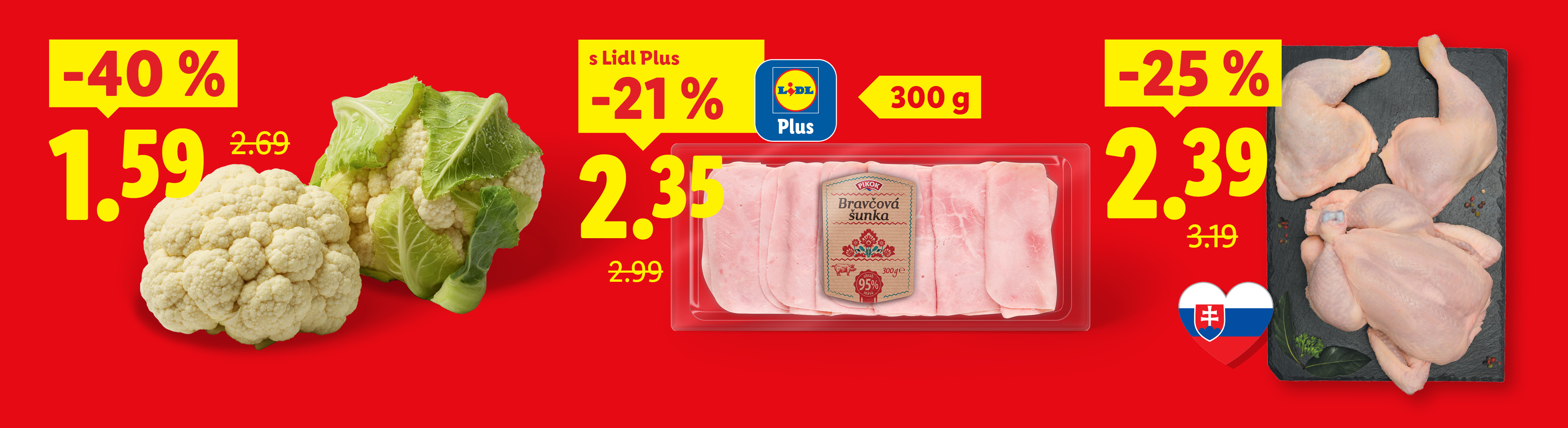 Ponuka Lidl: karfiol za 1,59, bravčová šunka za 2,35 a kuracie mäso za 2,39.