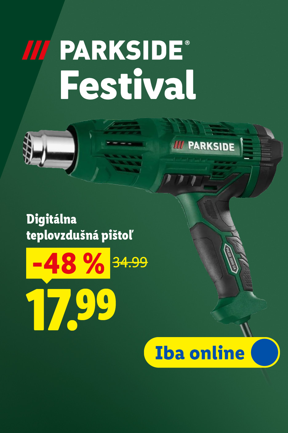 Digitálna teplovzdušná pištoľ v akcii, zľava 48% na 17,99 €.