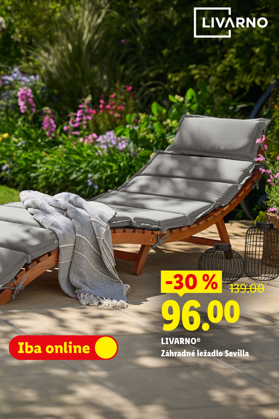 Záhradné ležadlo s vankúšom a dekou, zľava 30%, cena 96.00, iba online.