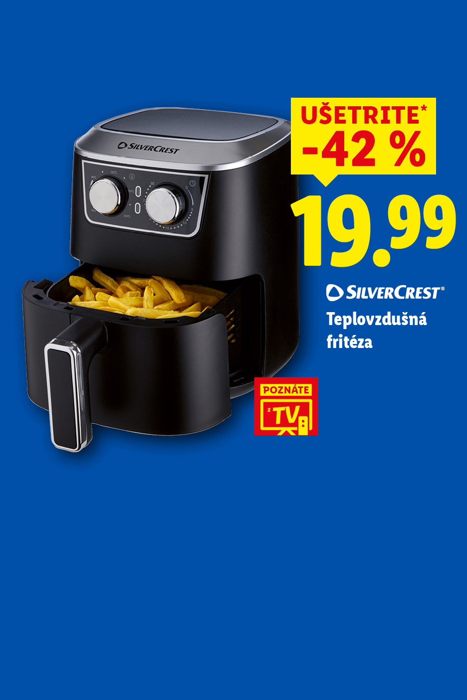 Čierna teplovzdušná fritéza s hranolkami, zľava 42% na 19,99 €.