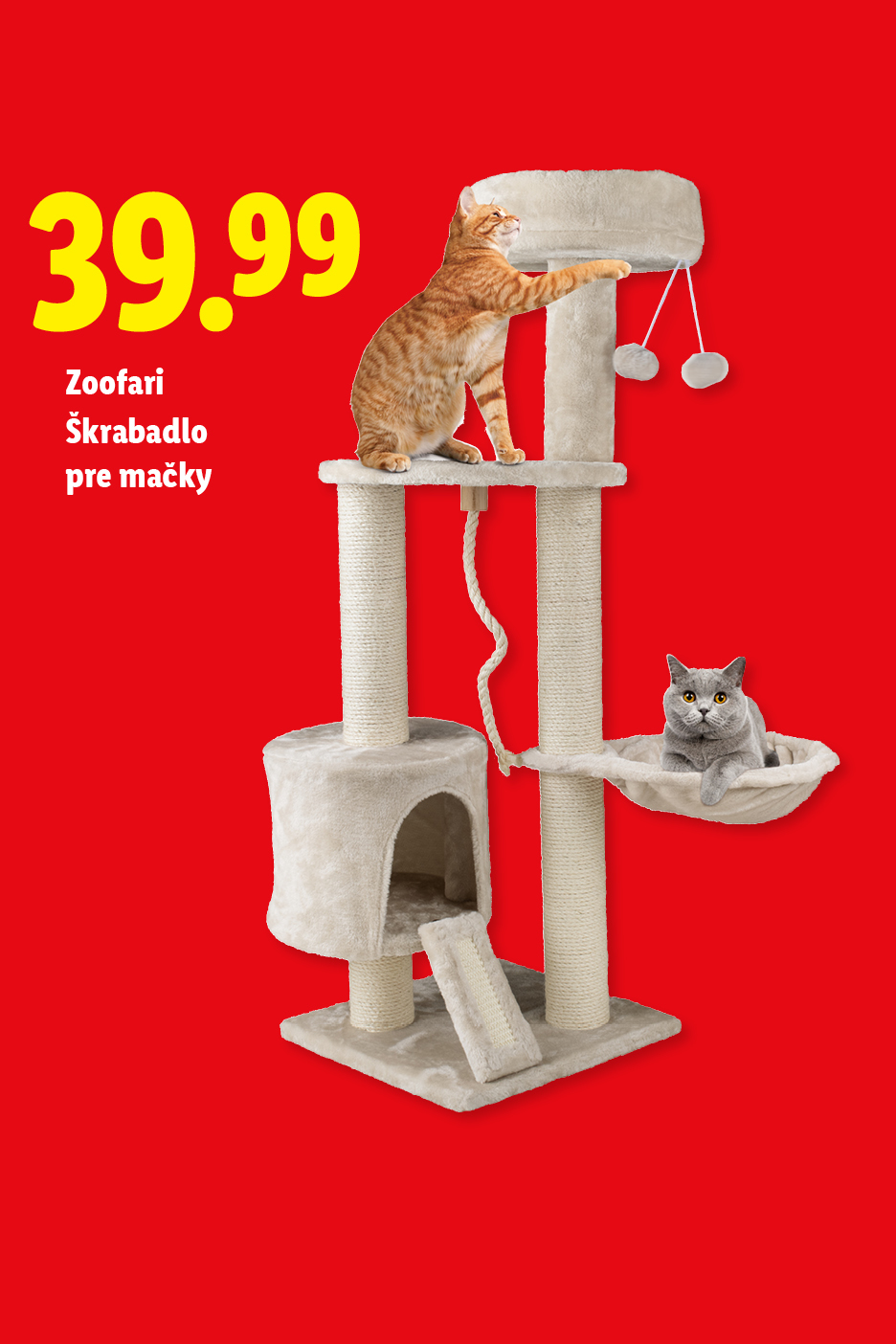 Škrabadlo pre mačky s cenou 39.99, s dvoma mačkami na ňom.