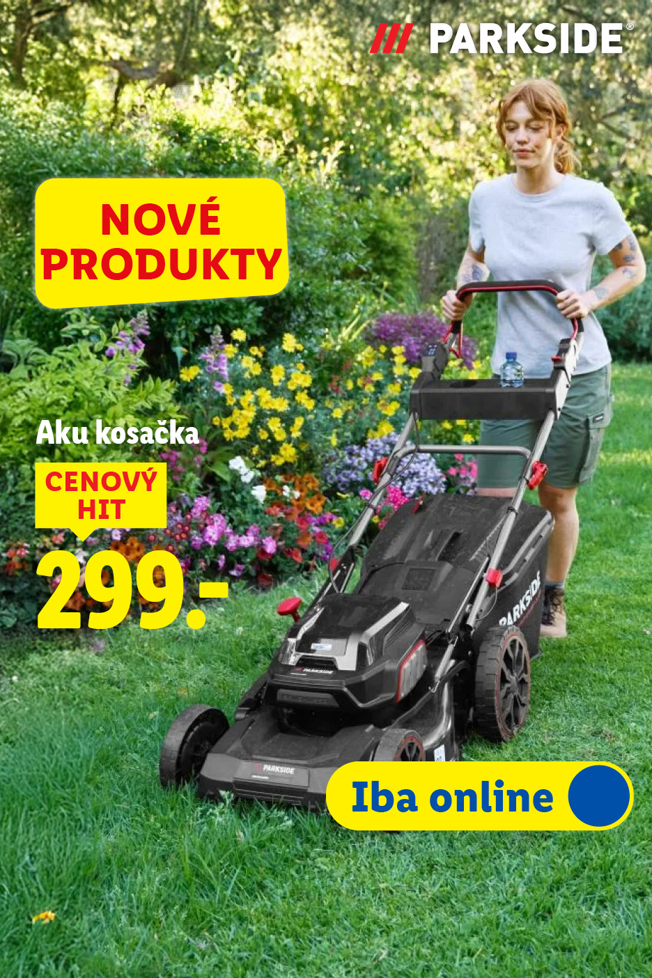Žena kosí trávnik s akumulátorovou kosačkou. Nové produkty, cenový hit 299€, iba online.