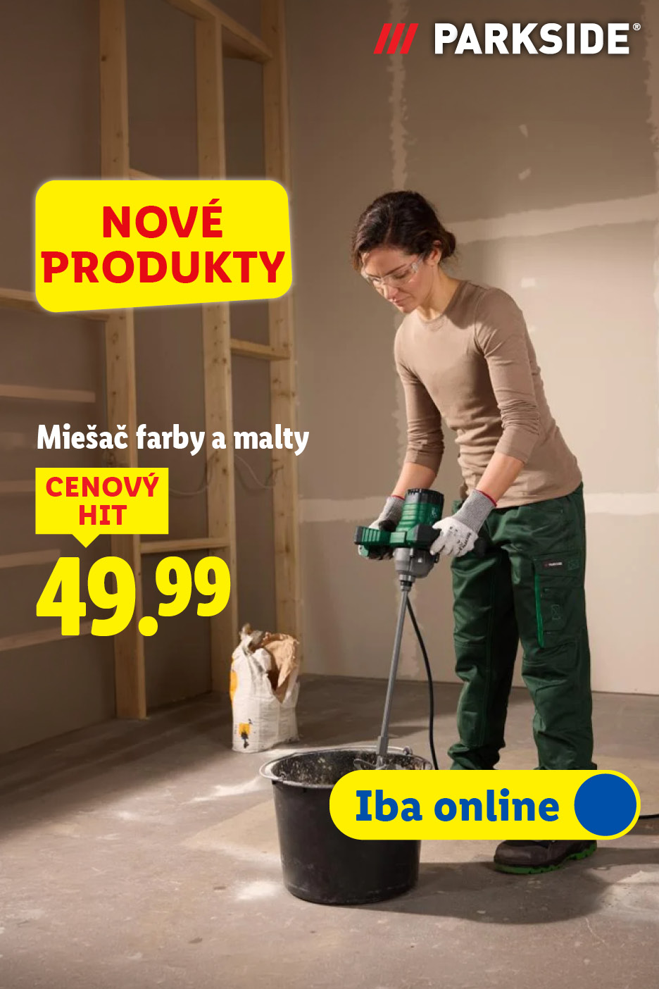 Žena mieša farbu alebo maltu, s nápisom „NOVÉ PRODUKTY“ a cenou 49,99.
