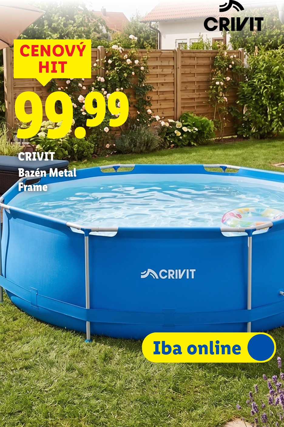 Modrý bazén s kovovým rámom v záhrade, cena 99,99, dostupný online.