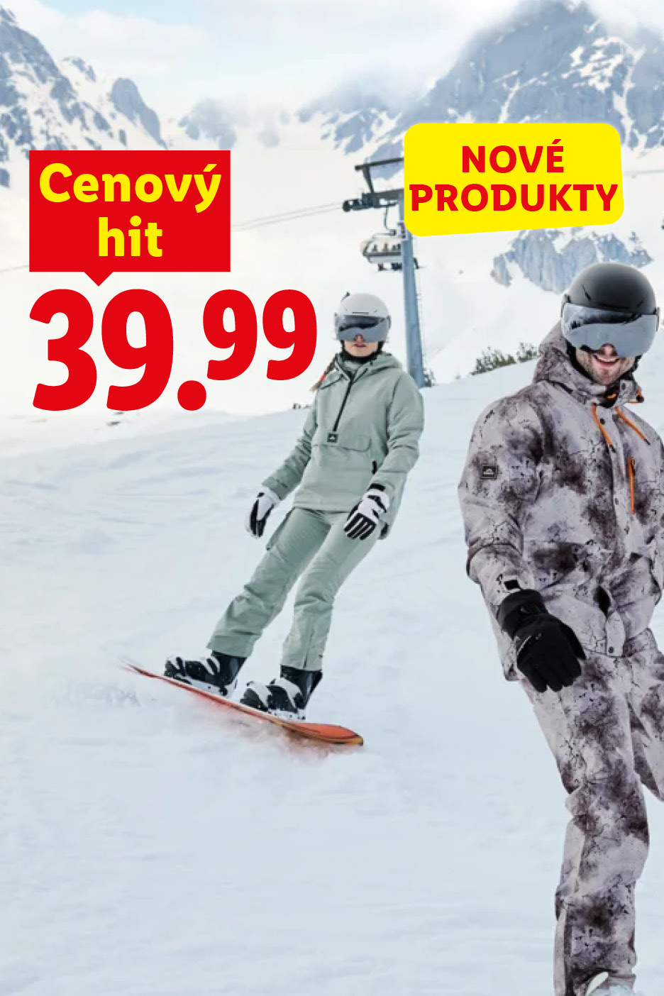 Lyžiarske oblečenie na svahu s cenou 39,99 € a nápisom Nové produkty.