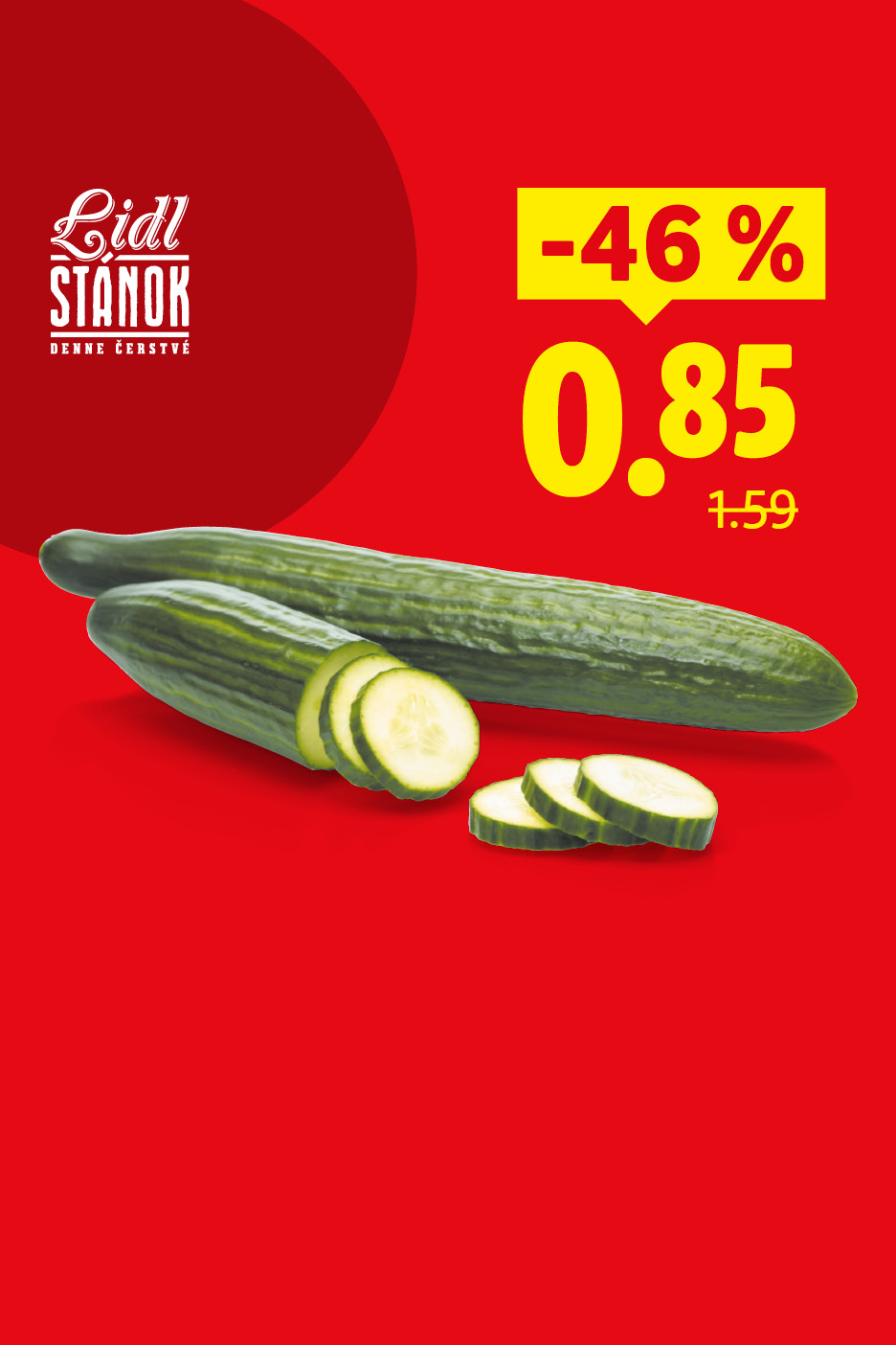 šalátová uhorka s cenou 0,85 a zľavou 46 %.