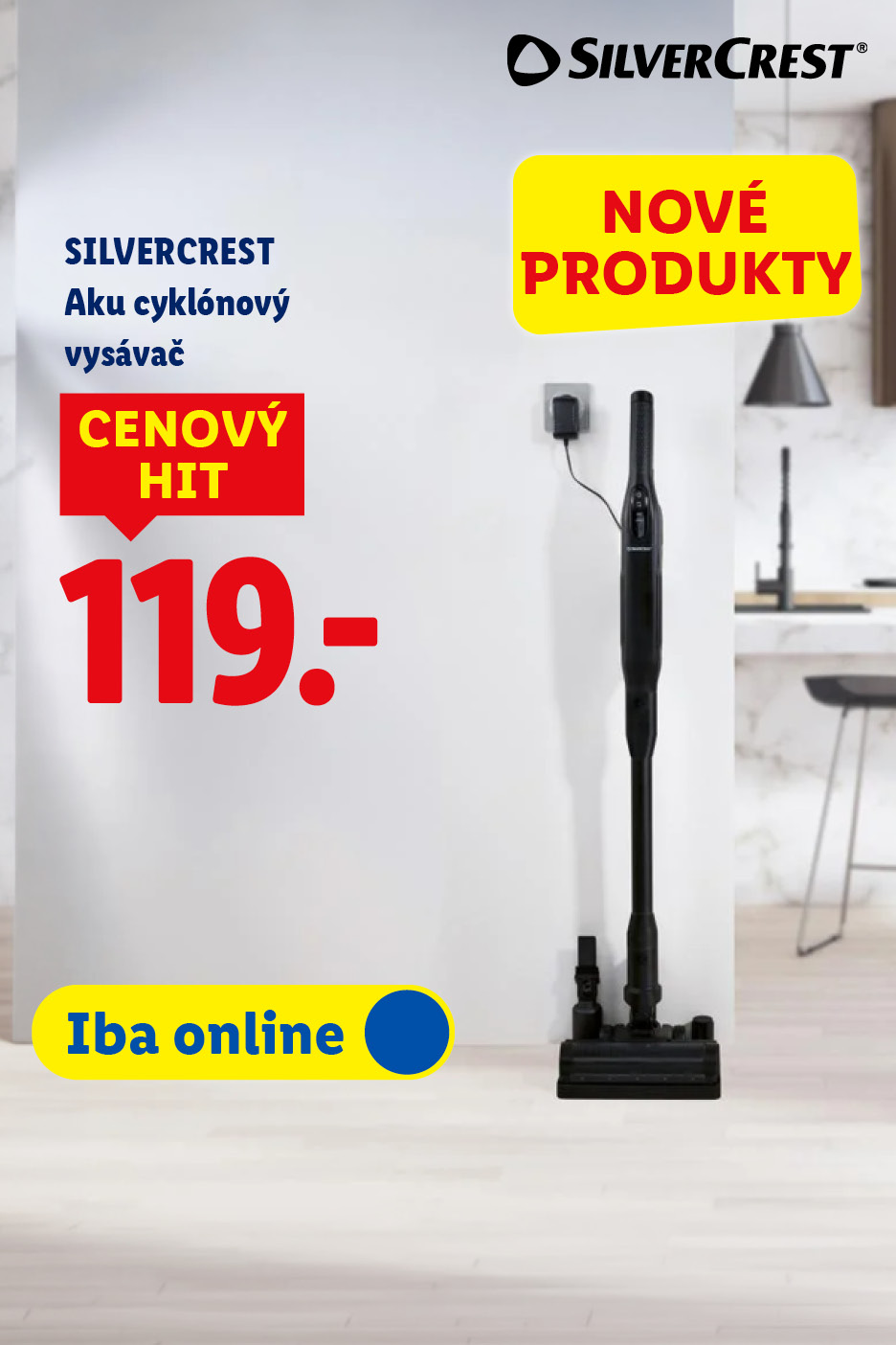 Akumulátorový cyklónový vysávač za 119 eur, dostupný online, s nápisom „NOVÉ PRODUKTY“.