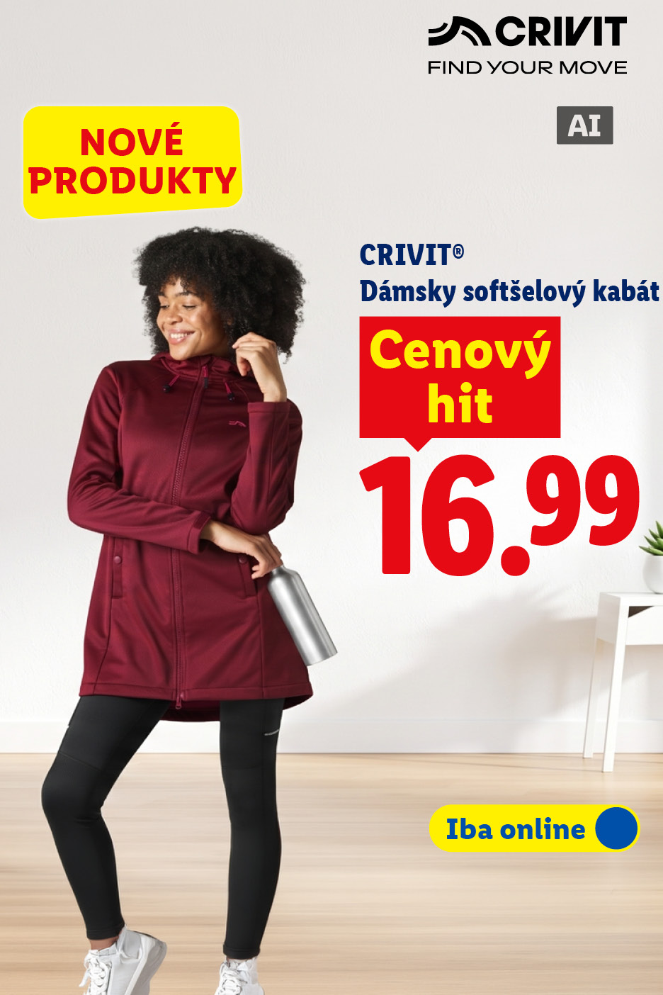 Žena v bordovom softshellovom kabáte a legínach, s nápisom „NOVÉ PRODUKTY“ a „Cenový hit 16.99“.