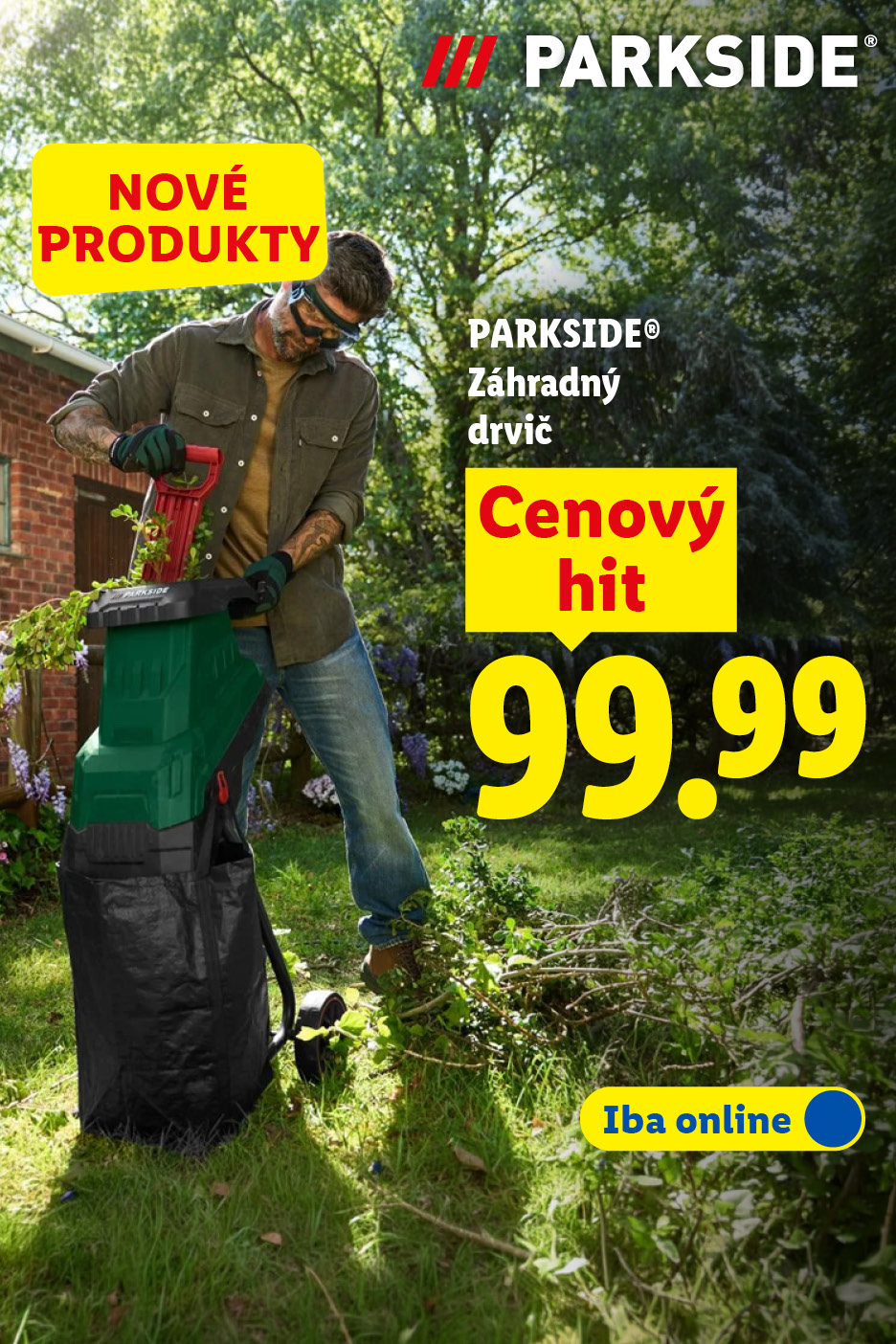 Muž používa záhradný drvič, cena 99,99, nové produkty, iba online.