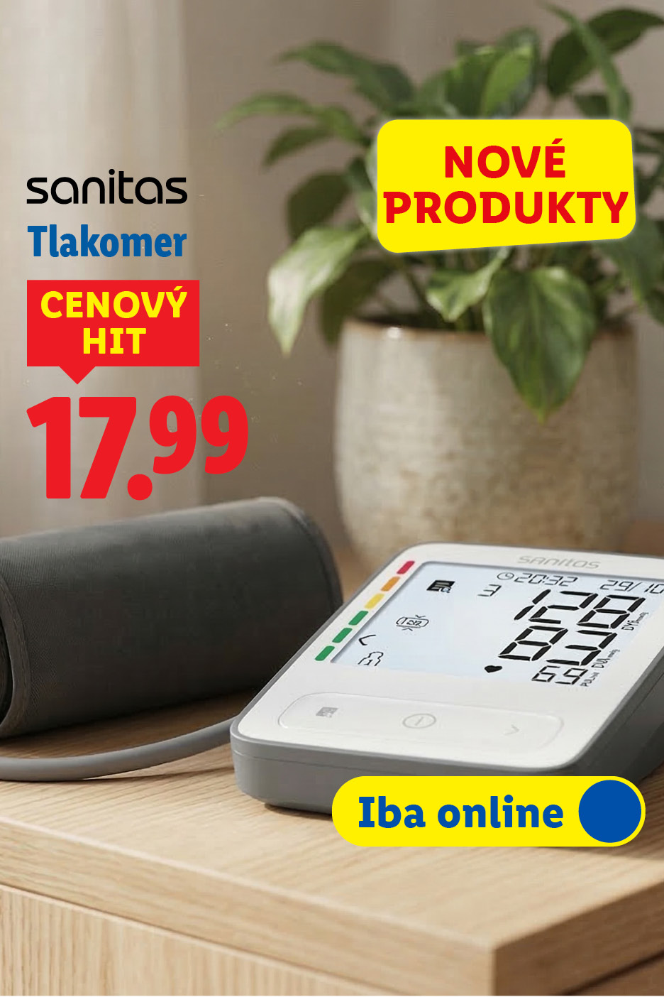 Tlakomer s manžetou, zobrazený s cenou 17,99 a označením „NOVÉ PRODUKTY“ a „Iba online“.