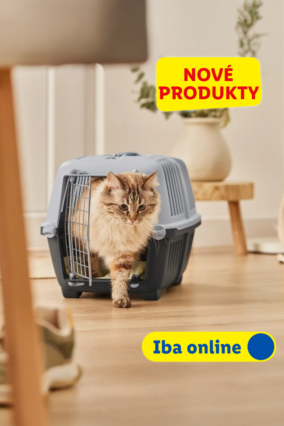 Mačka vychádzajúca z prepravky s nápisom „NOVÉ PRODUKTY“ a „Iba online“.