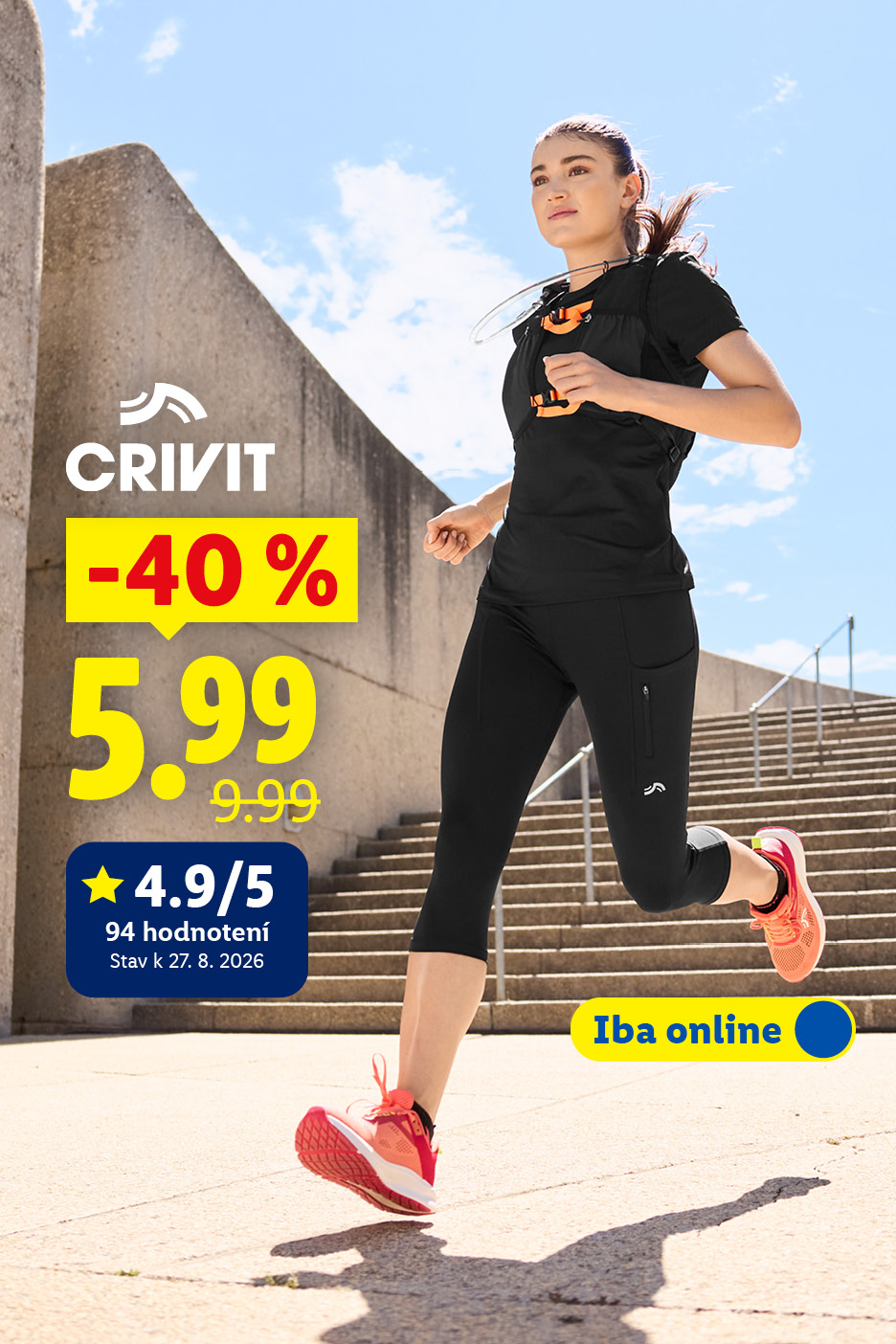 Radosť z behu. Vrátane zľavy na dámske funkčné capri legíny s hodnotením 4,9/5 (94 hodnotení, stav k 27. 8. 2026) CRIVIT so zľavou 40 % za 5,99 €. Iba online. 